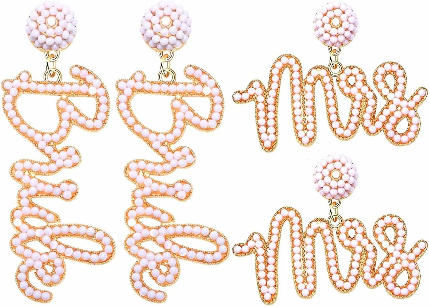 2 Pairs Bride Earrings Beaded Wedding Bridal Drop Dangle Earrings for Women Elegant Mrs Alloy Earrings Bridal Shower Bachelorette Party Jewelry Gift