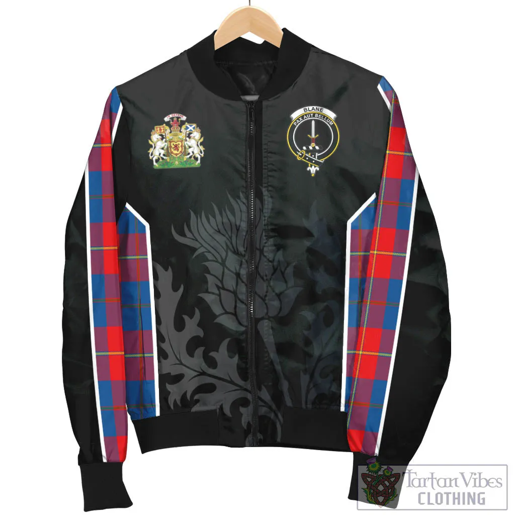 Blane Tartan Bomber Jacket with Family Crest and Scottish Thistle Vibes Sport Style