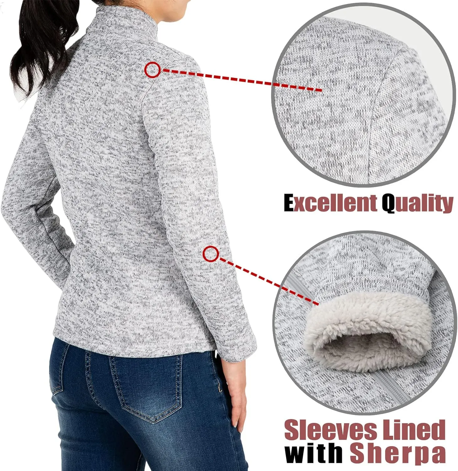 Bonnorth Women's Full Zip Sweater Fleece Jacket,Sherpa Lined Windproof Jacket with Zip Pocket