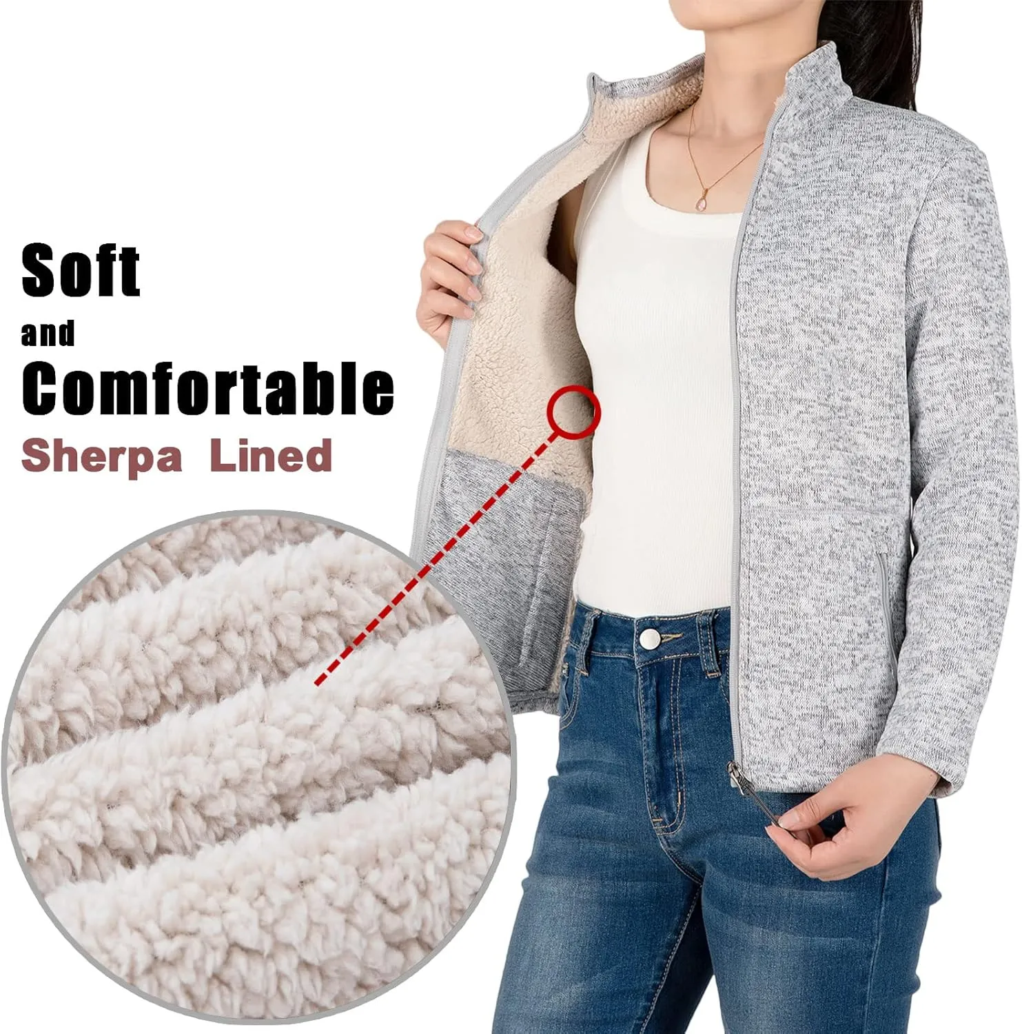 Bonnorth Women's Full Zip Sweater Fleece Jacket,Sherpa Lined Windproof Jacket with Zip Pocket