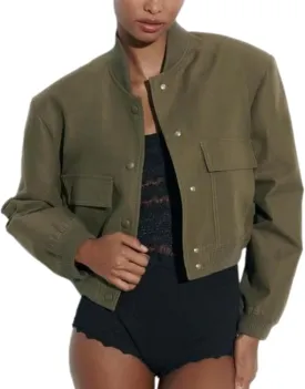 Bozanly Women's Stand Collar Button Down Cropped Shacket Jacket Solid Color Varsity Bomber Jackets 2025
