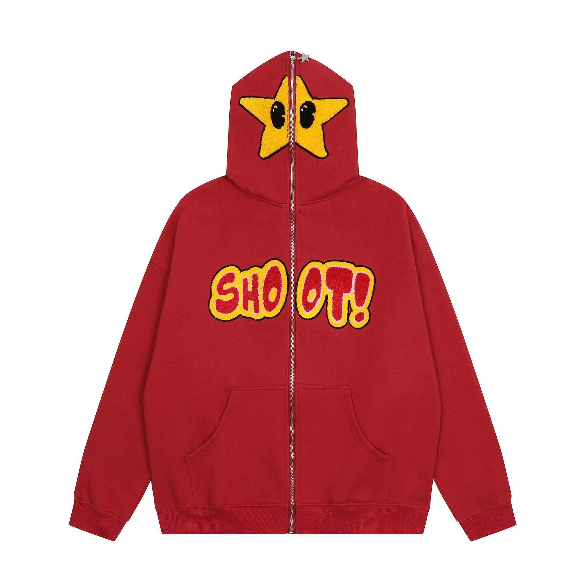 Cartoon Star Embroidery Plush Hoodie - High Street Hip-Hop Style
