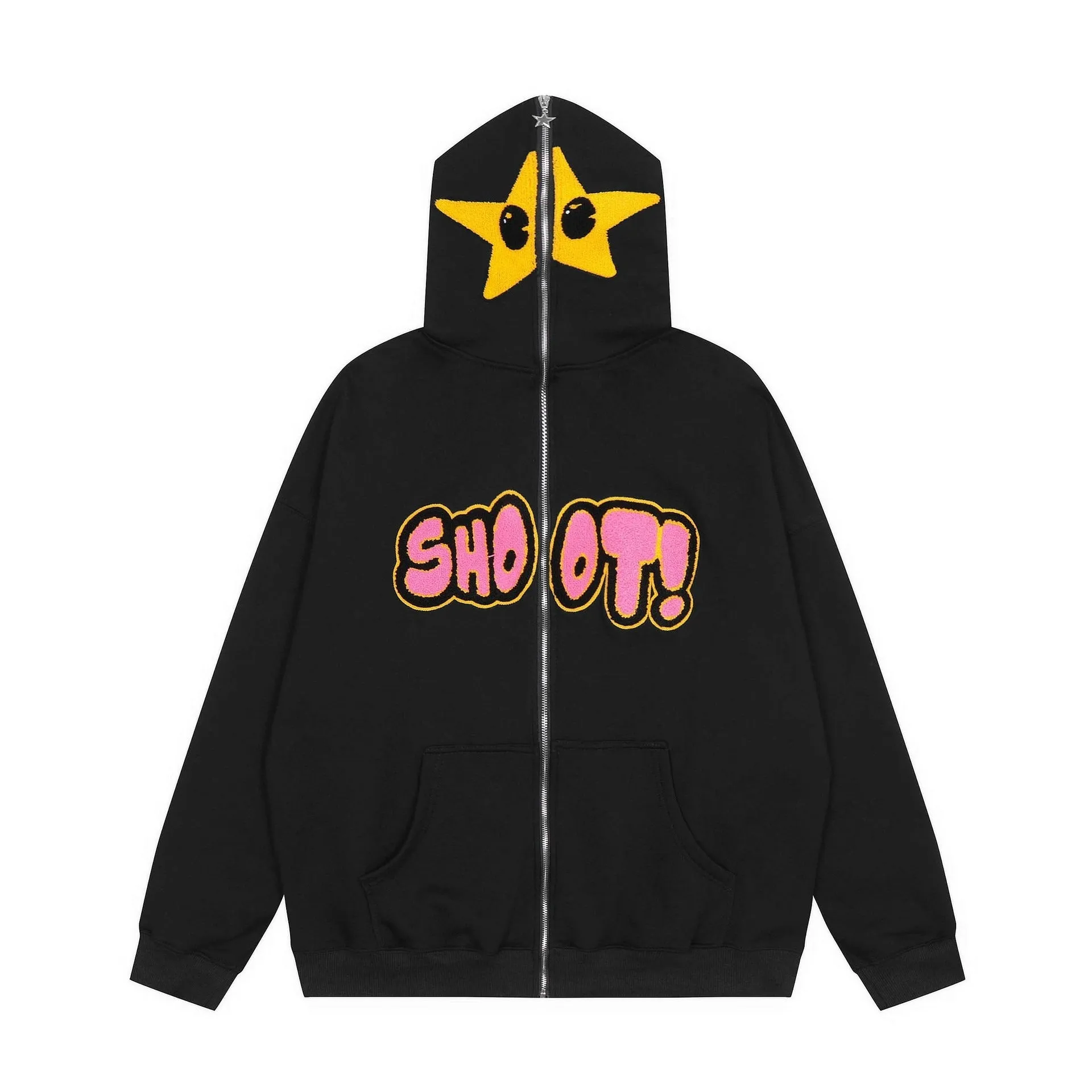 Cartoon Star Embroidery Plush Hoodie - High Street Hip-Hop Style