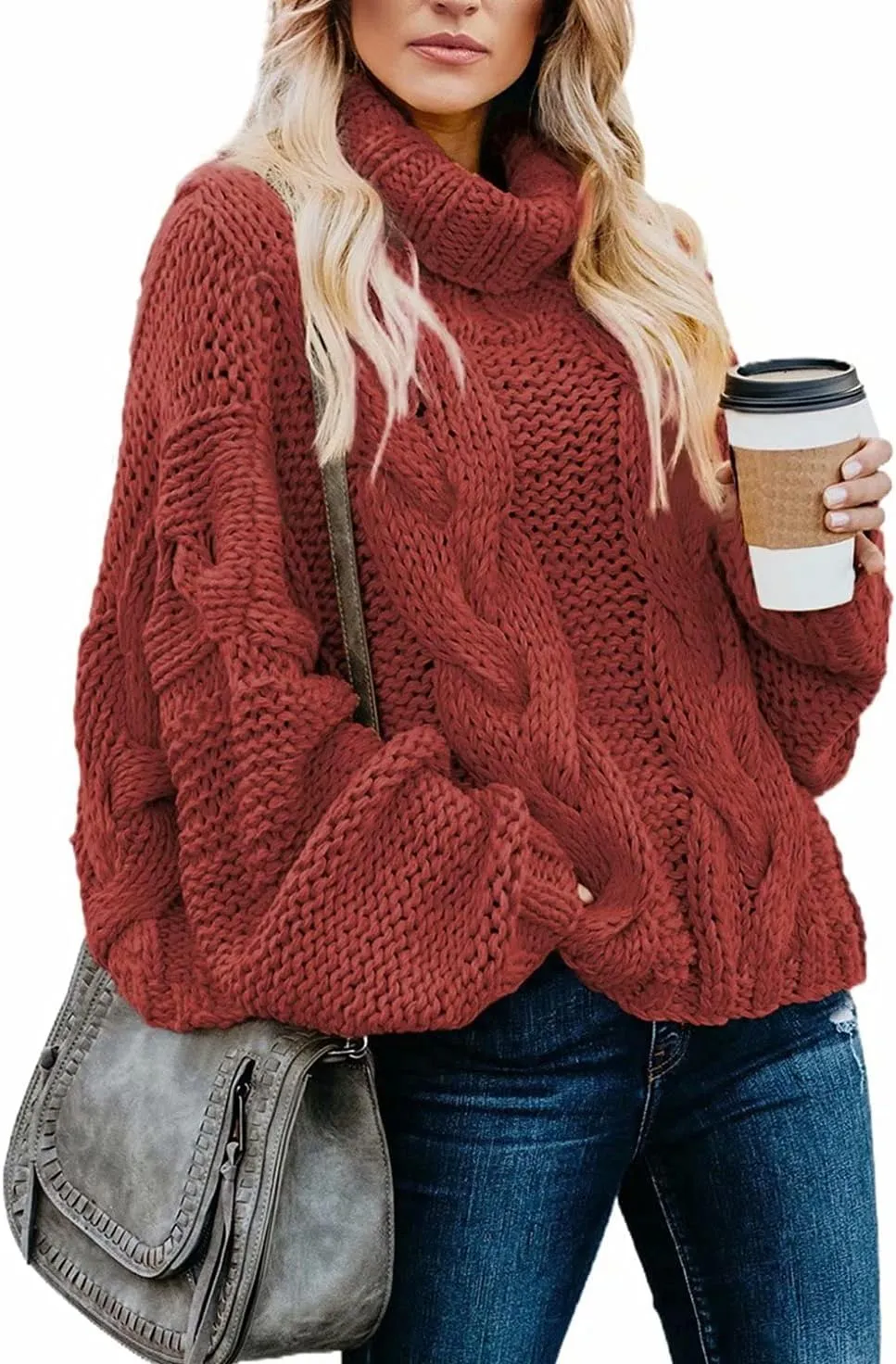 Dokotoo Womens 2024 Winter Fall Solid Turtleneck High Neck Balloon Long Sleeve Sweaters Pullover Outerwear