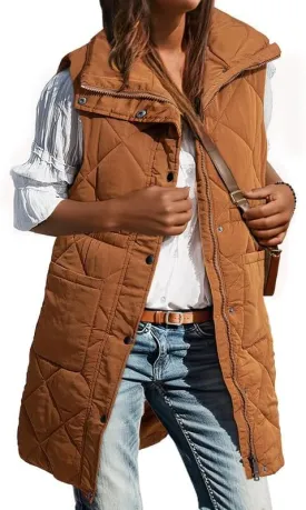 Dokotoo Women's Casual Winter Long Puffer Vest Stand Collar Sleeveless Puffy Jackets Coat with Pockets