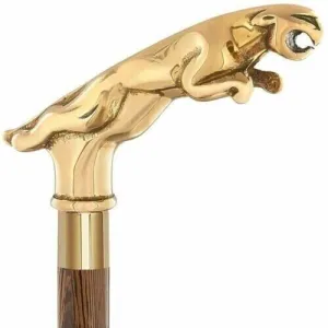 Jaguar cane Vintage Victorian Antique Brass Handle brown Wooden Walking Stick