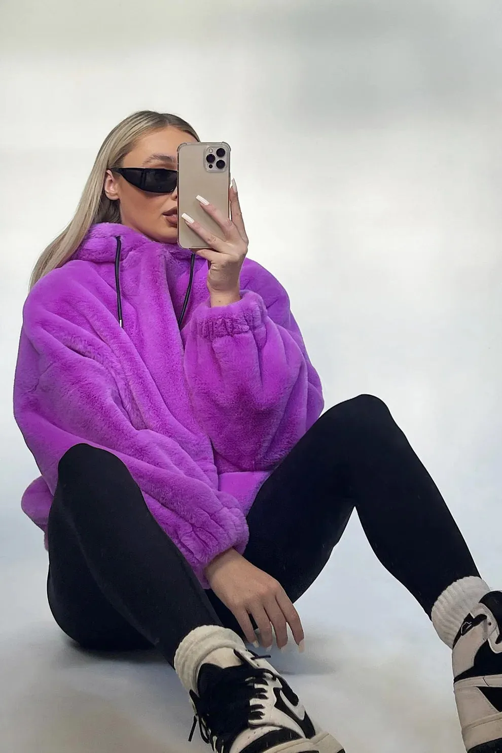 Ladies Faux Fur Oversized Purple Hoodie