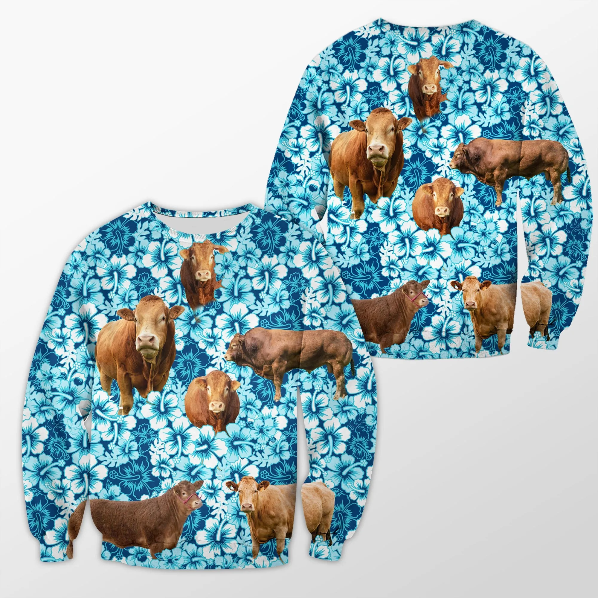 Limousin Blue Hibiscus Crewneck Christmas Sweatshirt, Gift for Cow Lovers