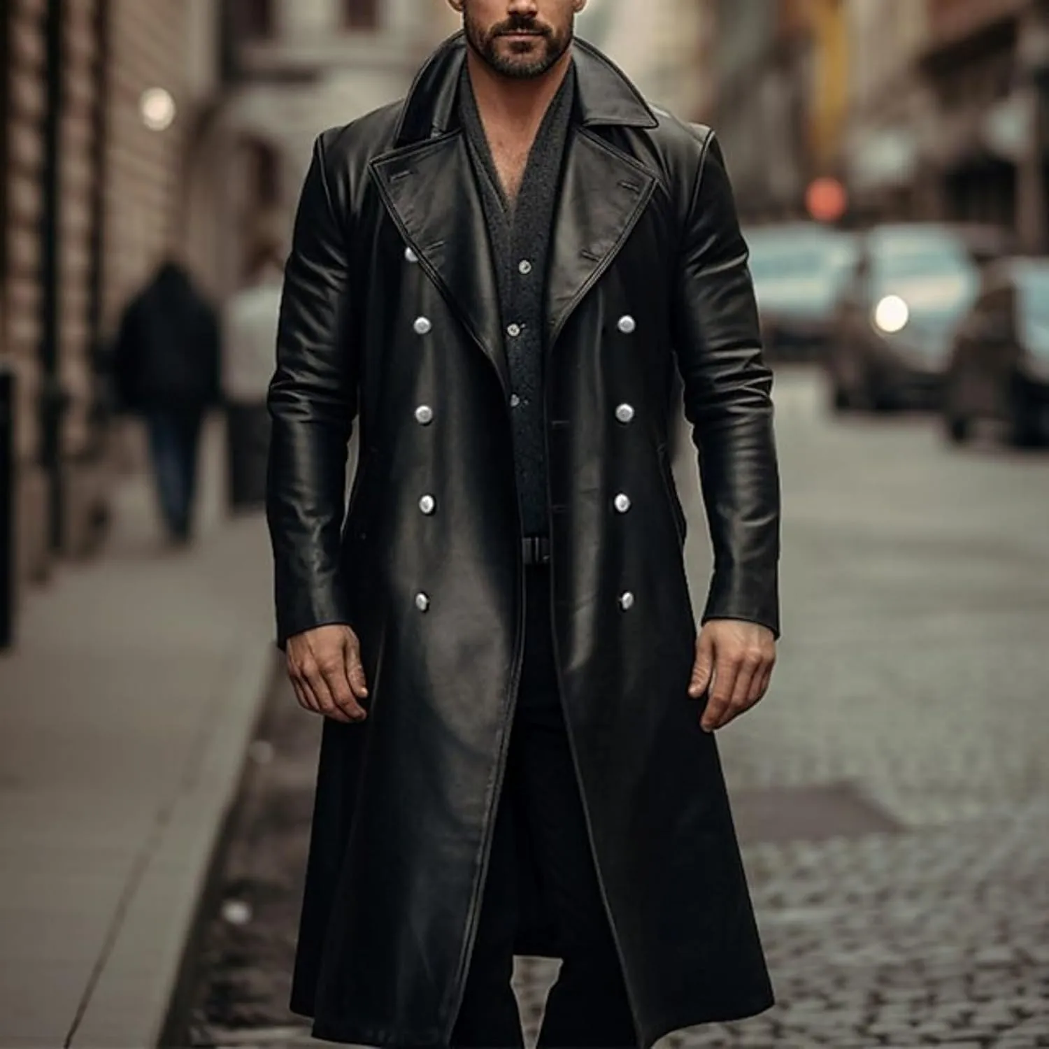 Maiyifu-GJ Men's Leather Trench Coat Full Length Vintage Faux Leather Jackets Overcoat Fashion Motorcycle Long Jacket