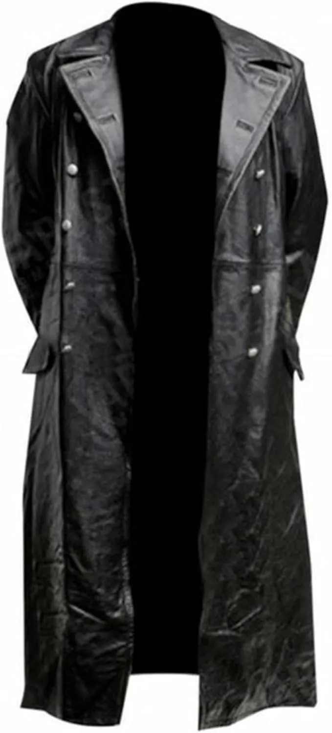 Maiyifu-GJ Men's Leather Trench Coat Full Length Vintage Faux Leather Jackets Overcoat Fashion Motorcycle Long Jacket