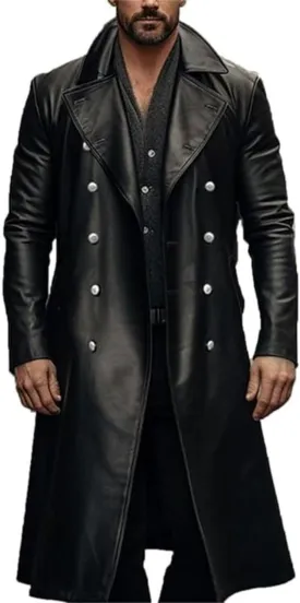 Maiyifu-GJ Men's Leather Trench Coat Full Length Vintage Faux Leather Jackets Overcoat Fashion Motorcycle Long Jacket