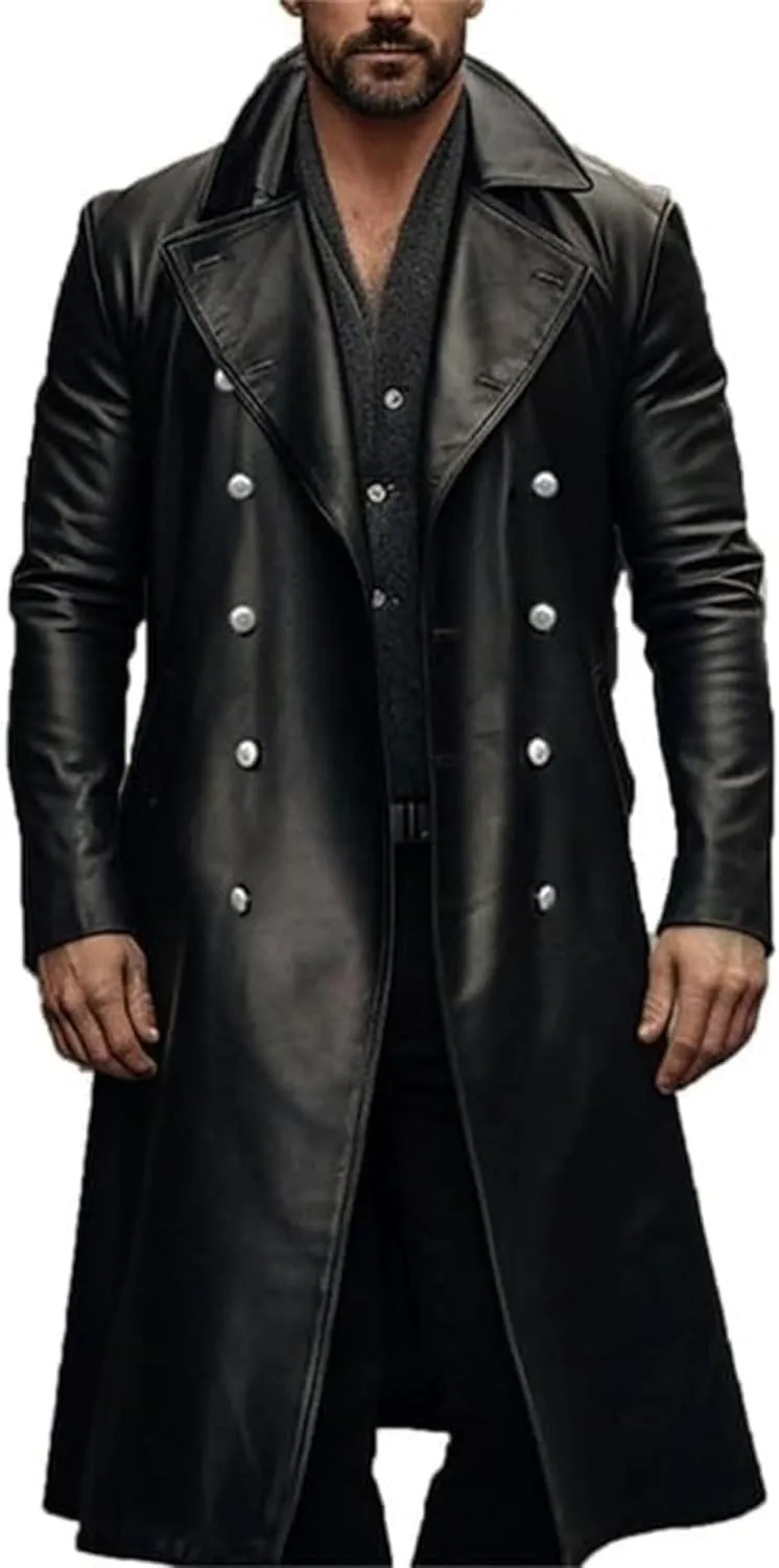 Maiyifu-GJ Men's Leather Trench Coat Full Length Vintage Faux Leather Jackets Overcoat Fashion Motorcycle Long Jacket