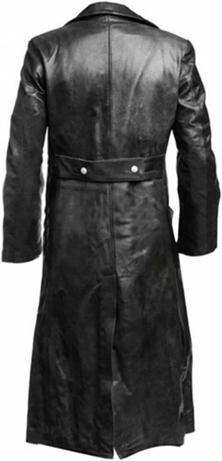 Maiyifu-GJ Men's Leather Trench Coat Full Length Vintage Faux Leather Jackets Overcoat Fashion Motorcycle Long Jacket