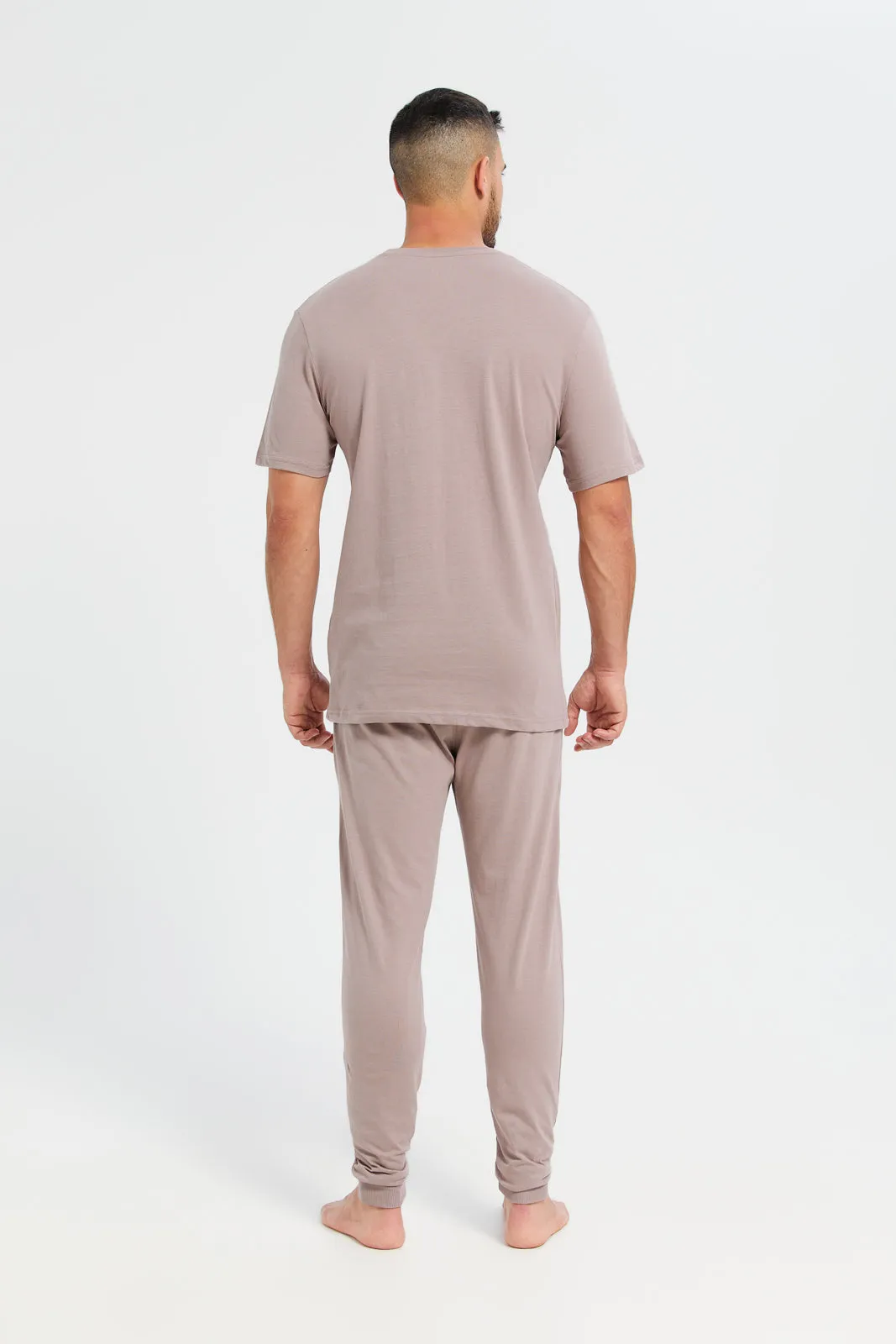 Men Pink Plain T-Shirt And  Pants Pyjama Set (2 Piece)