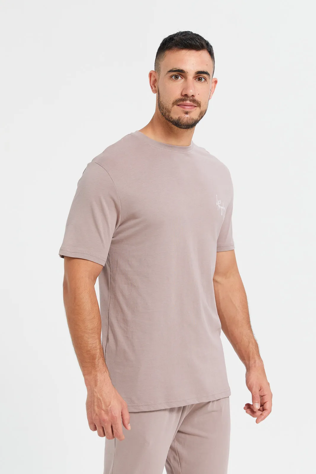 Men Pink Plain T-Shirt And  Pants Pyjama Set (2 Piece)