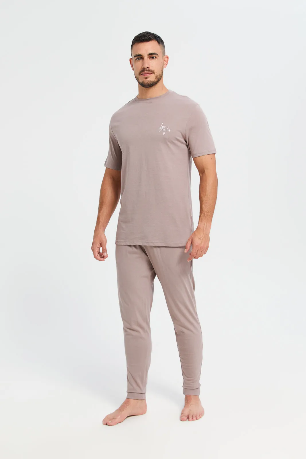 Men Pink Plain T-Shirt And  Pants Pyjama Set (2 Piece)