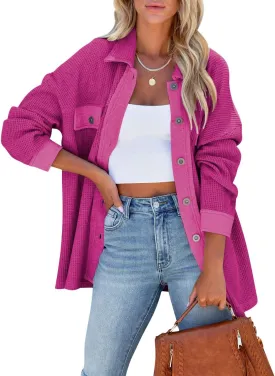 Paintcolors Women's Button Down Shirt Oversized Long Sleeve Frayed Knit Outerwear Tops with Pockets