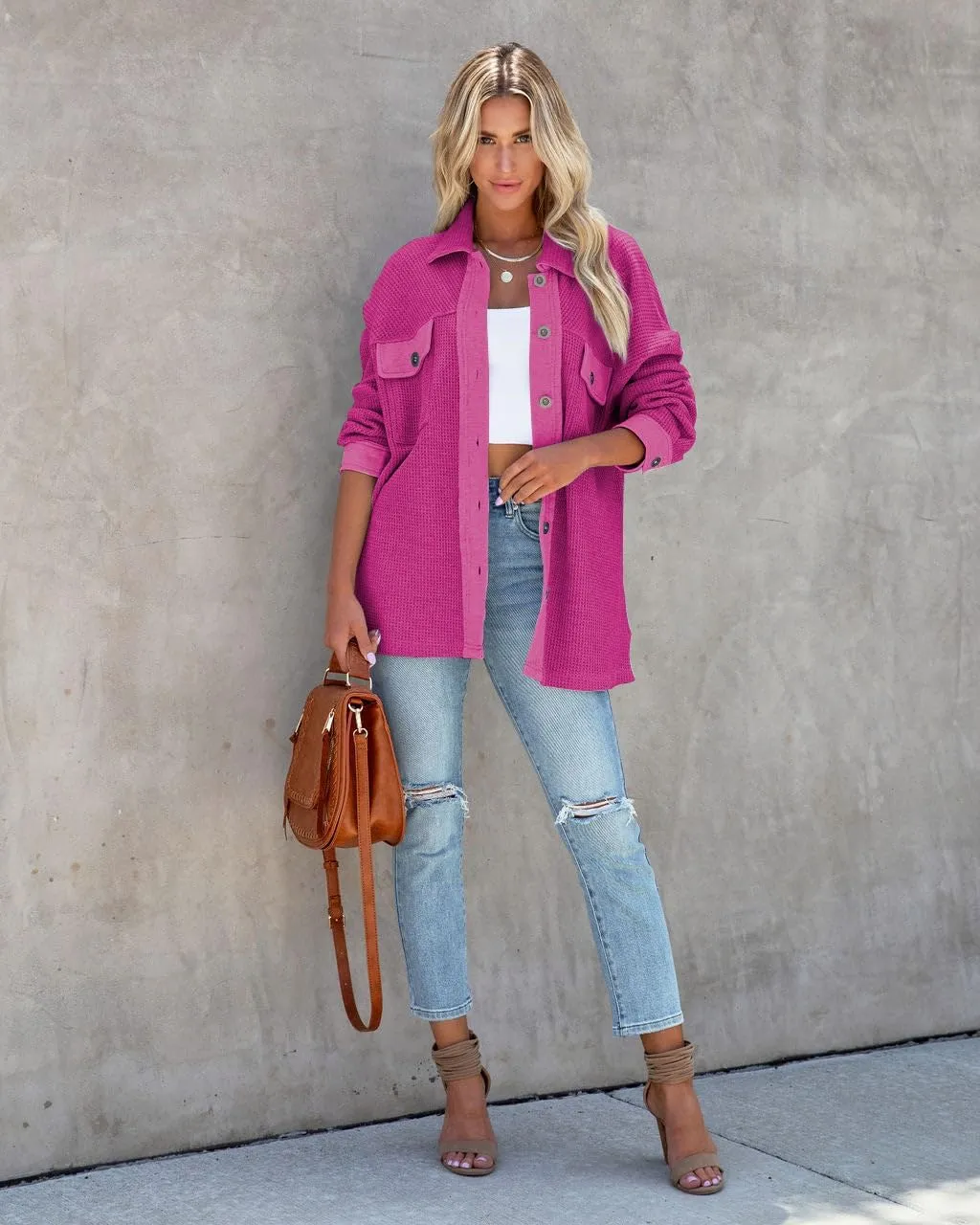Paintcolors Women's Button Down Shirt Oversized Long Sleeve Frayed Knit Outerwear Tops with Pockets