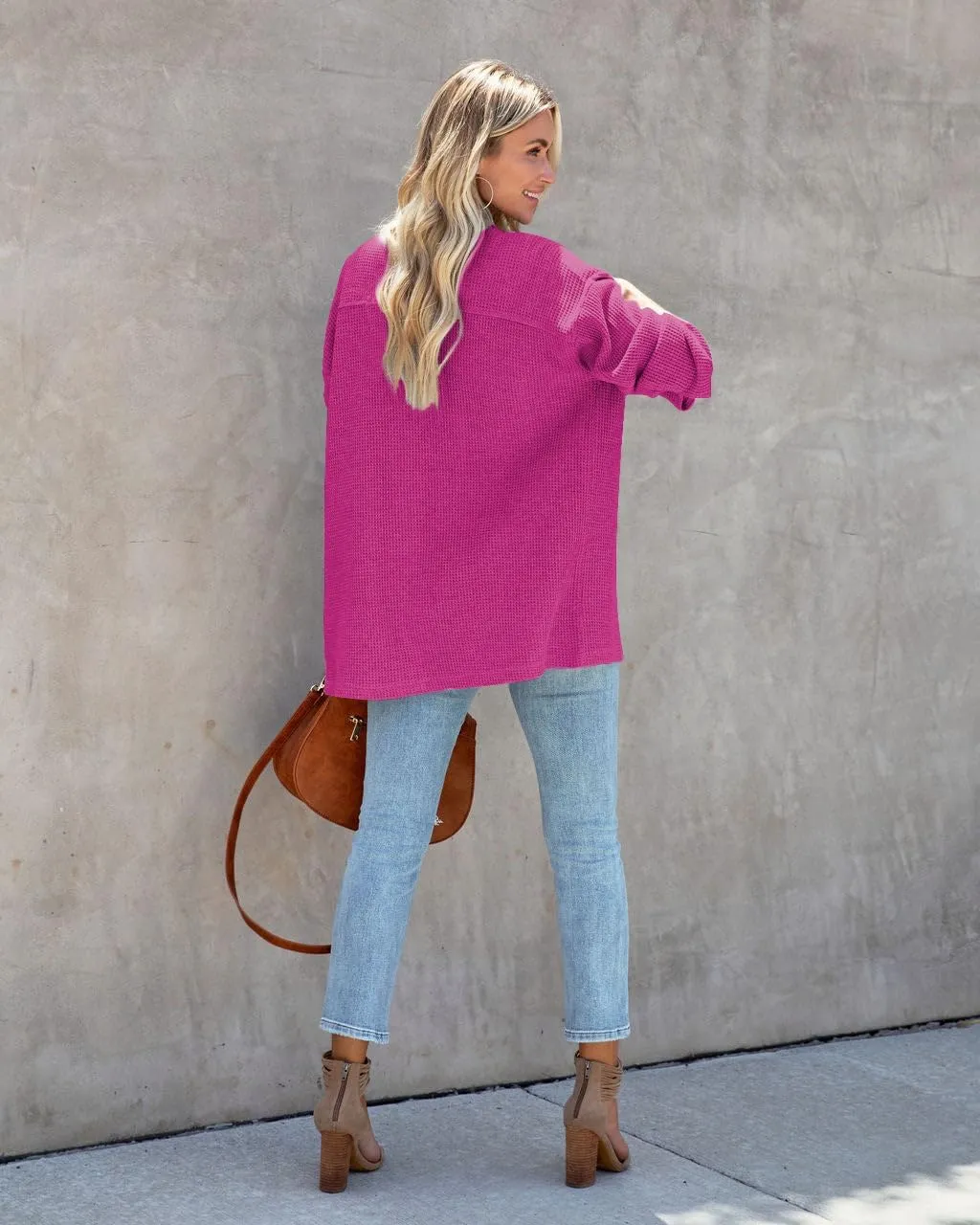 Paintcolors Women's Button Down Shirt Oversized Long Sleeve Frayed Knit Outerwear Tops with Pockets