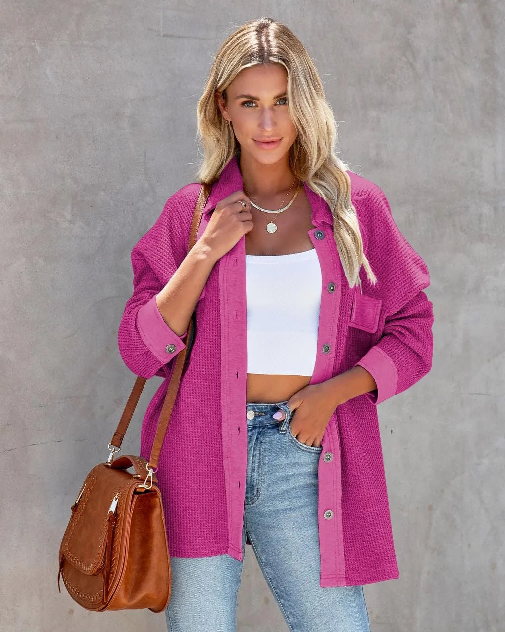 Paintcolors Women's Button Down Shirt Oversized Long Sleeve Frayed Knit Outerwear Tops with Pockets
