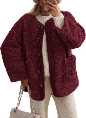 PRETTYGARDEN Women's Warm Winter Coats Casual Long Sleeve Button up Fuzzy Sherpa Fleece Jackets Outerwear