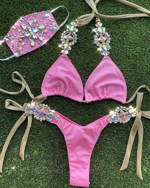 Rhinestone Strap Bikini Set
