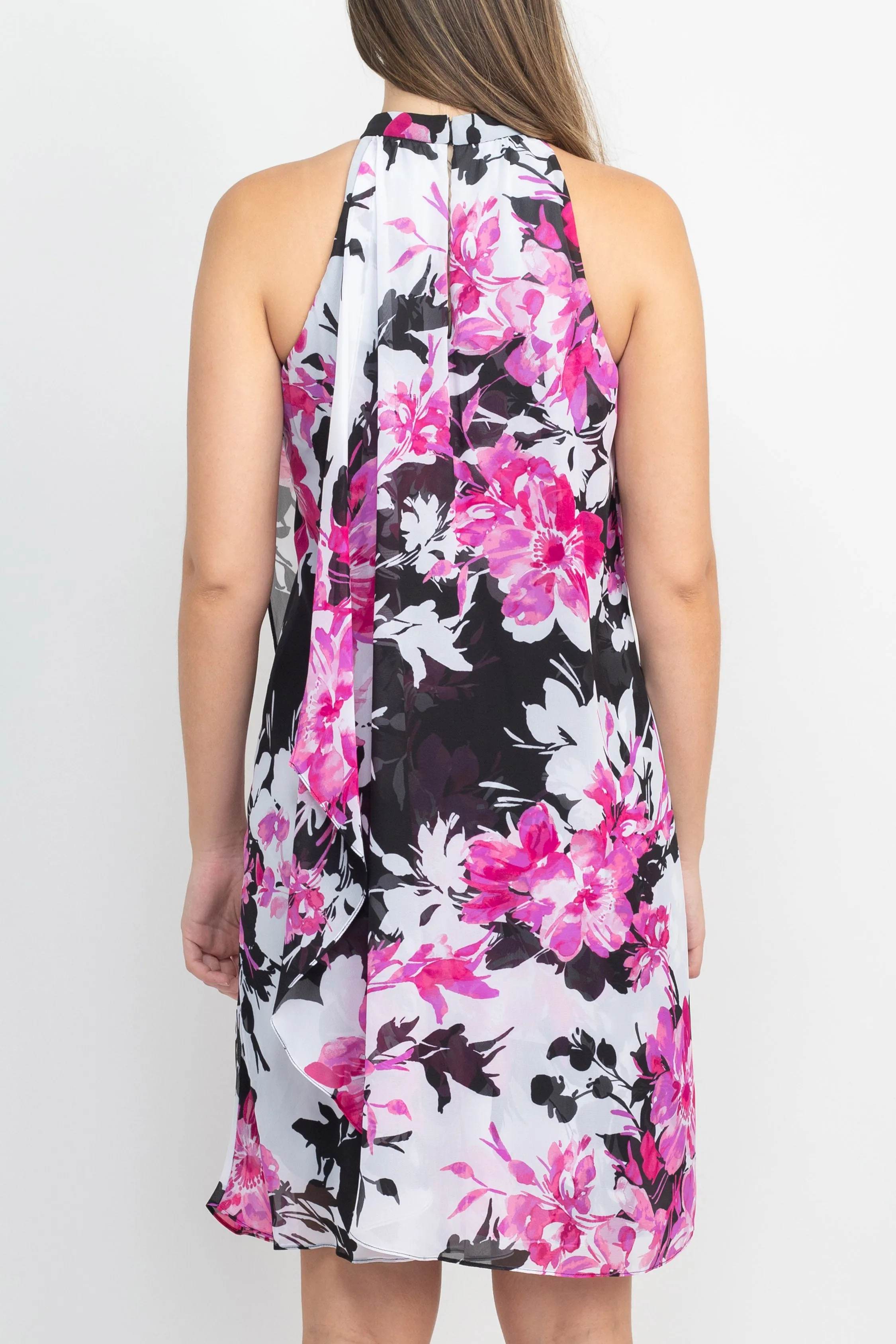 SL Fashion Halter Neck Sleeveless Floral Print Overlay Chiffon Dress