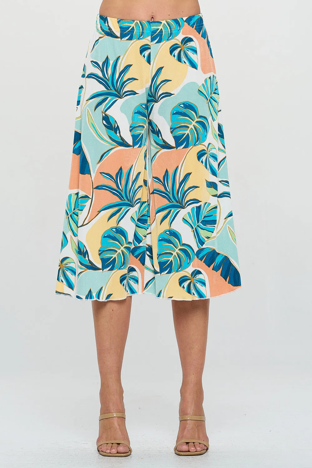 Stretchy Pastel Tropical Print Gaucho Pants-5013BN-ARP1-W390