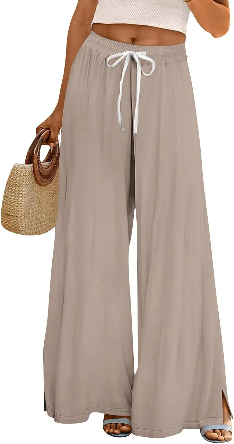 Summer Wide Leg Pants for Women High Waistd Flowy Pants Side Split Drawstring Elastic Waist Solid with Pockets Outfits