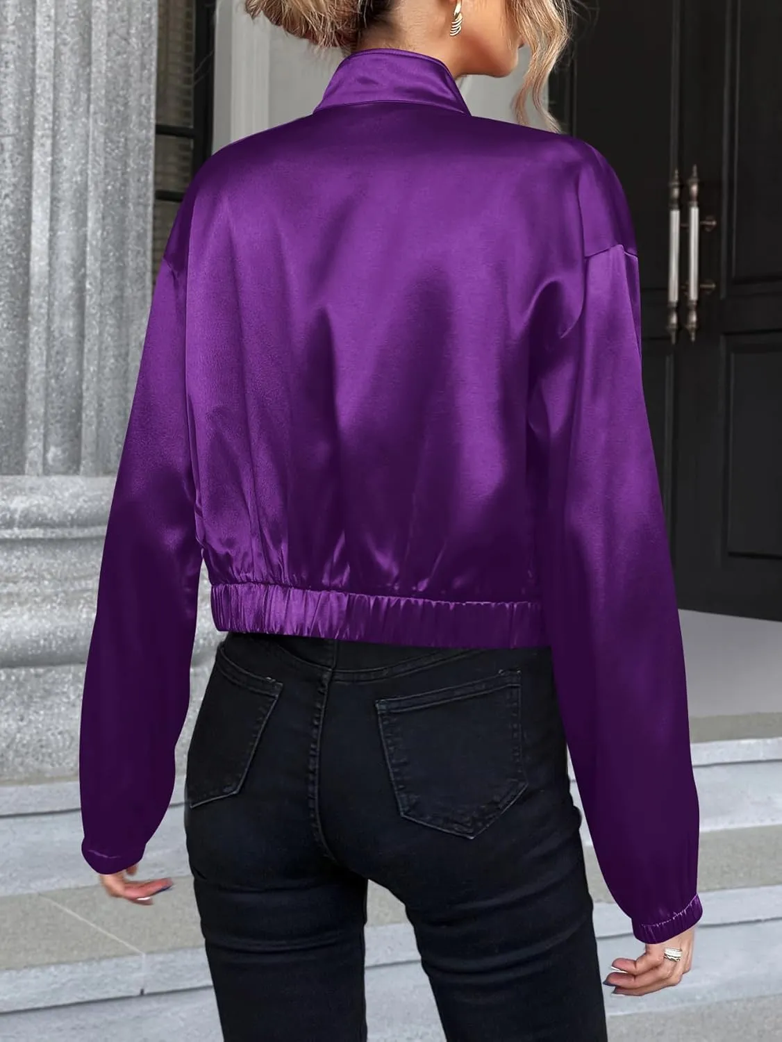 Verdusa Women's Bomber Satin Lightweight Jacket Drop Shoulder Long Sleeve Zip Up Outerwear