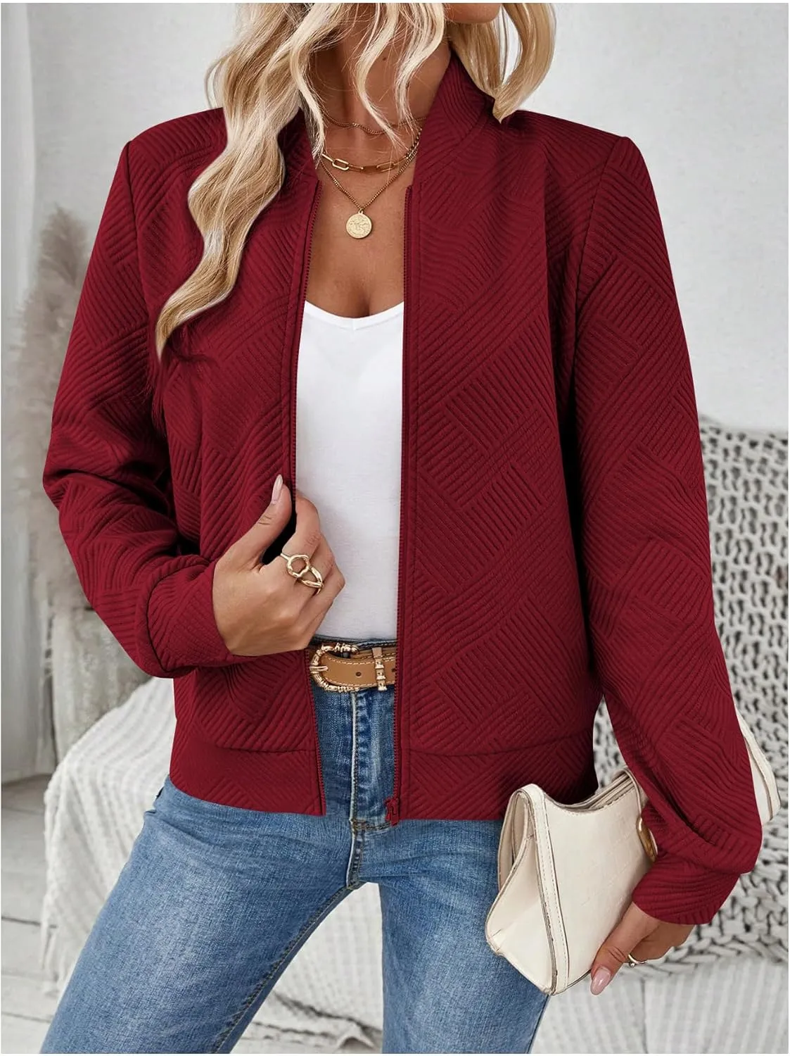 Verdusa Women's Zip Up Textured Bomber Jacket Casual Long Sleeve Outerwear