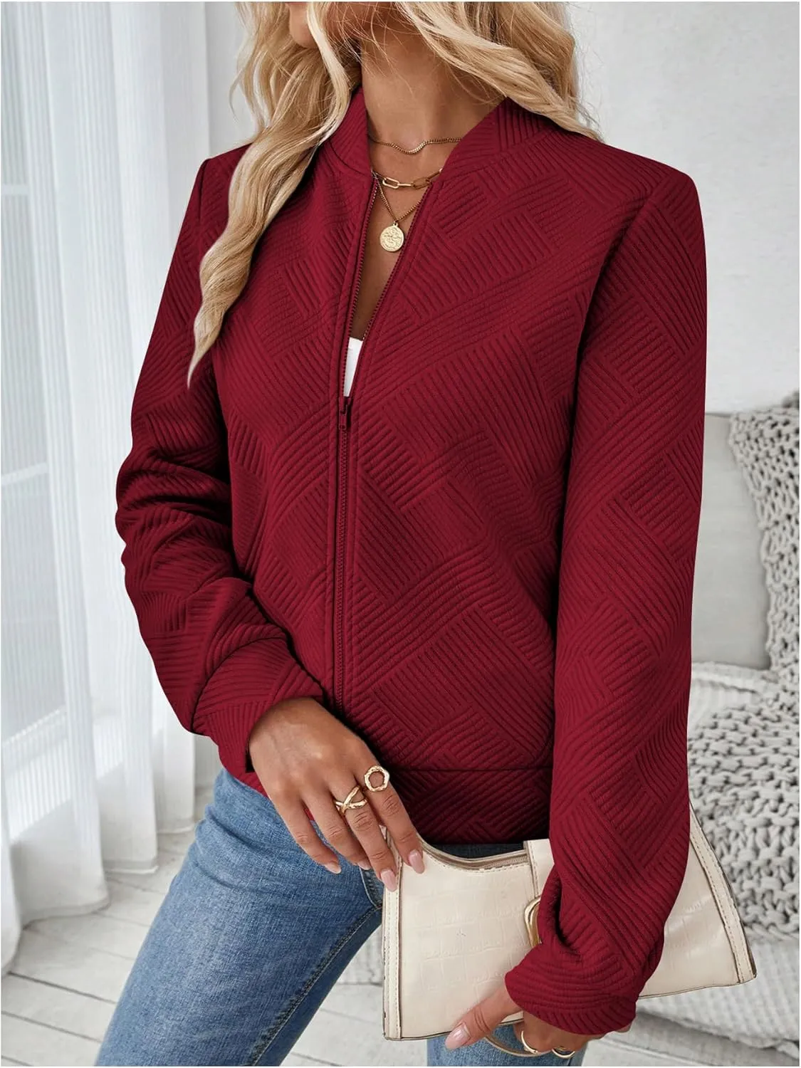 Verdusa Women's Zip Up Textured Bomber Jacket Casual Long Sleeve Outerwear