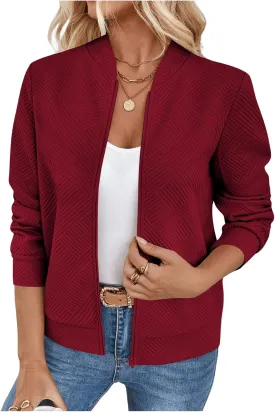 Verdusa Women's Zip Up Textured Bomber Jacket Casual Long Sleeve Outerwear