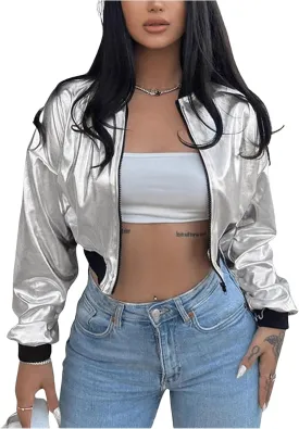 WDIRARA Women's Metallic Zip Up Crop Jacket Long Sleeve Outerwear