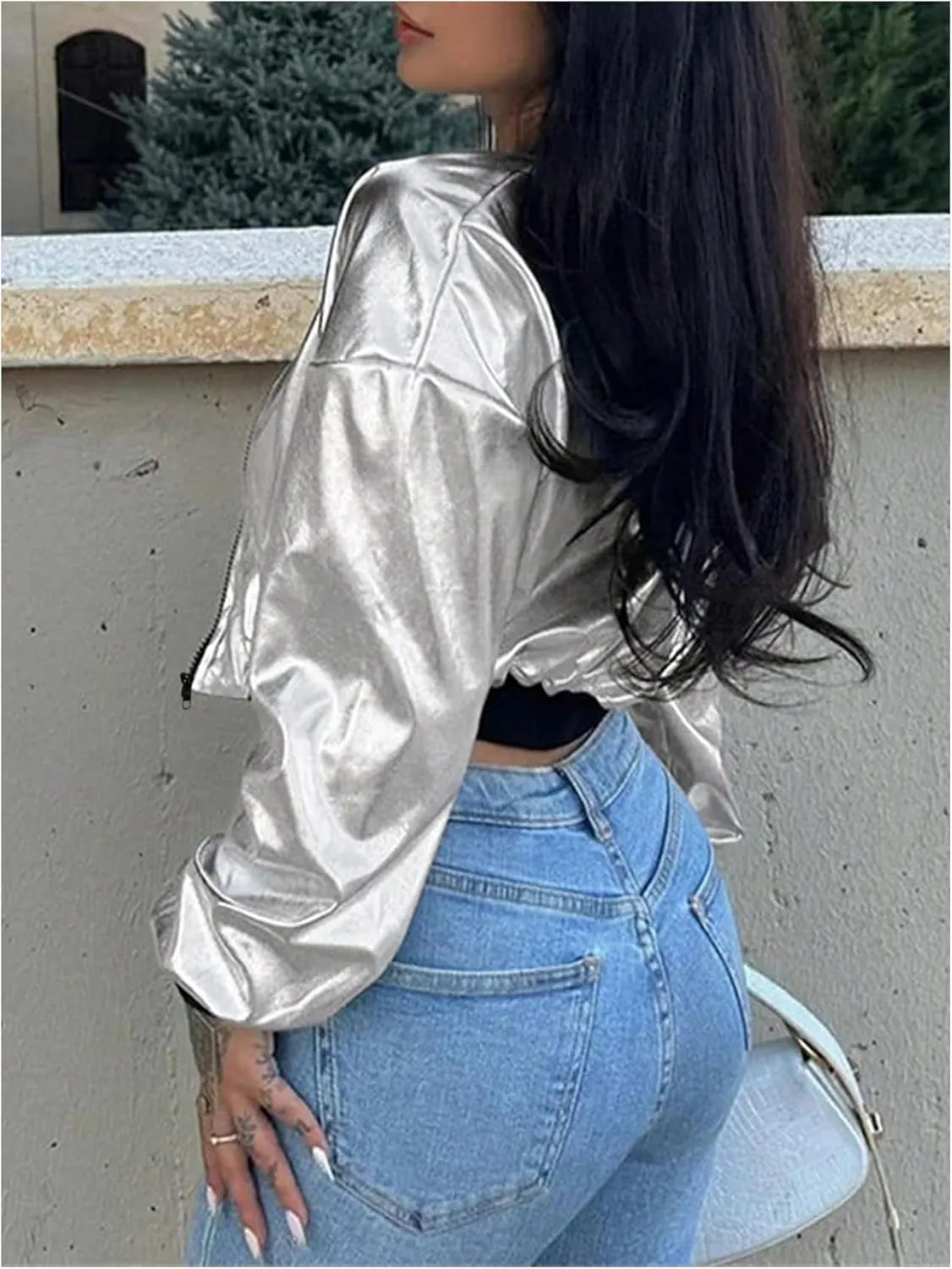 WDIRARA Women's Metallic Zip Up Crop Jacket Long Sleeve Outerwear