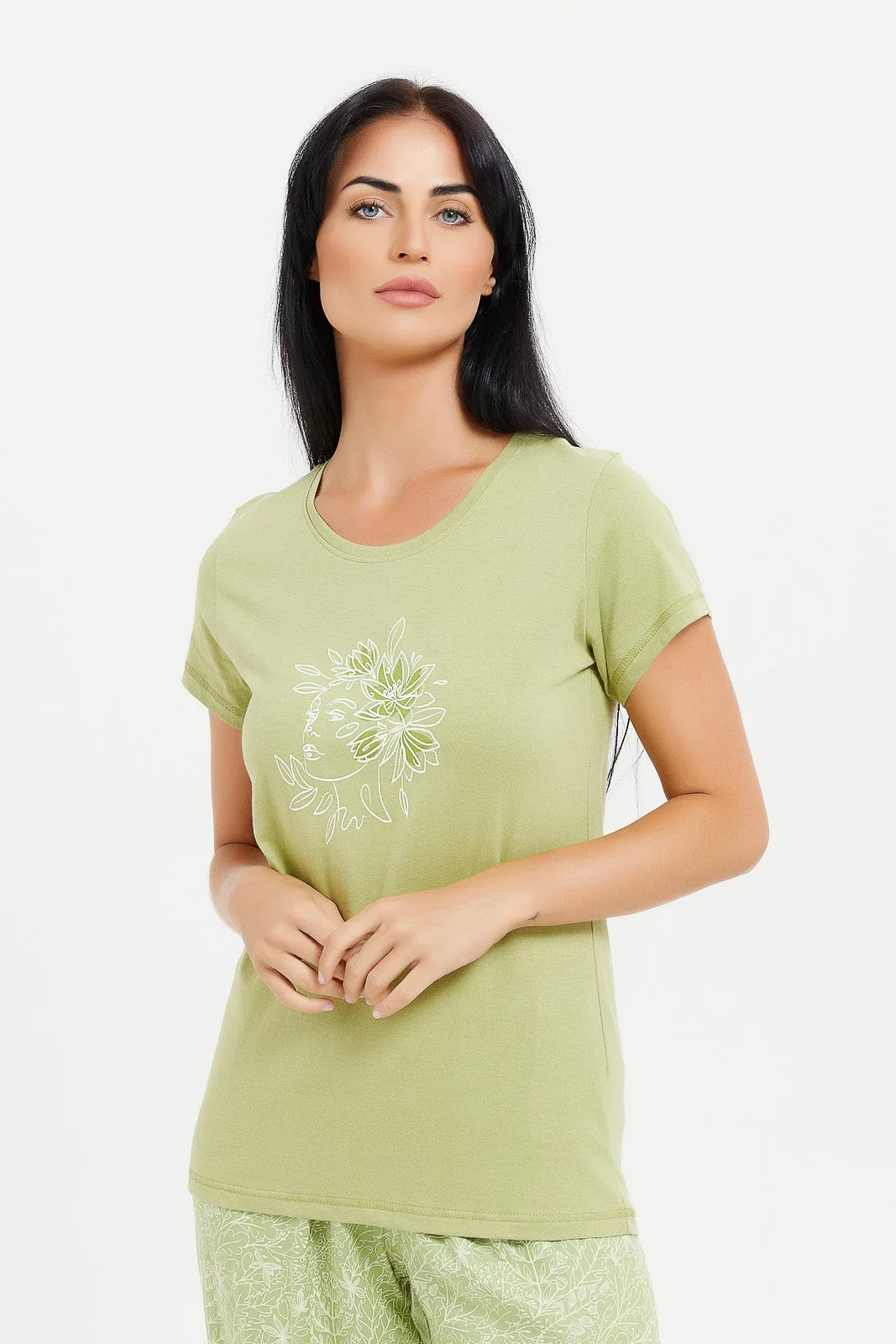 Women Green Printed Pajama Set (2 Piece)