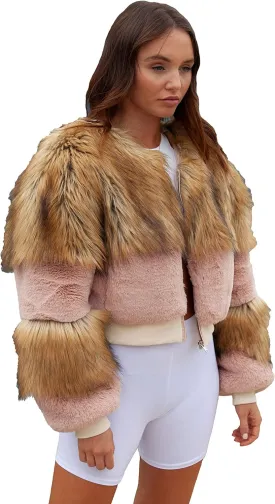 Womens Cropped Color Block Bomber Jacket Beige/Baby Pink - M