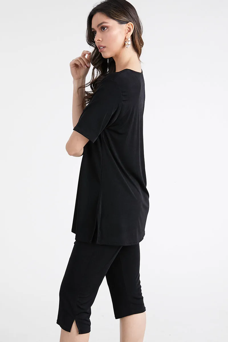 Women's Stretchy Capri Pant Set Short Sleeve-9003BN-SRS1
