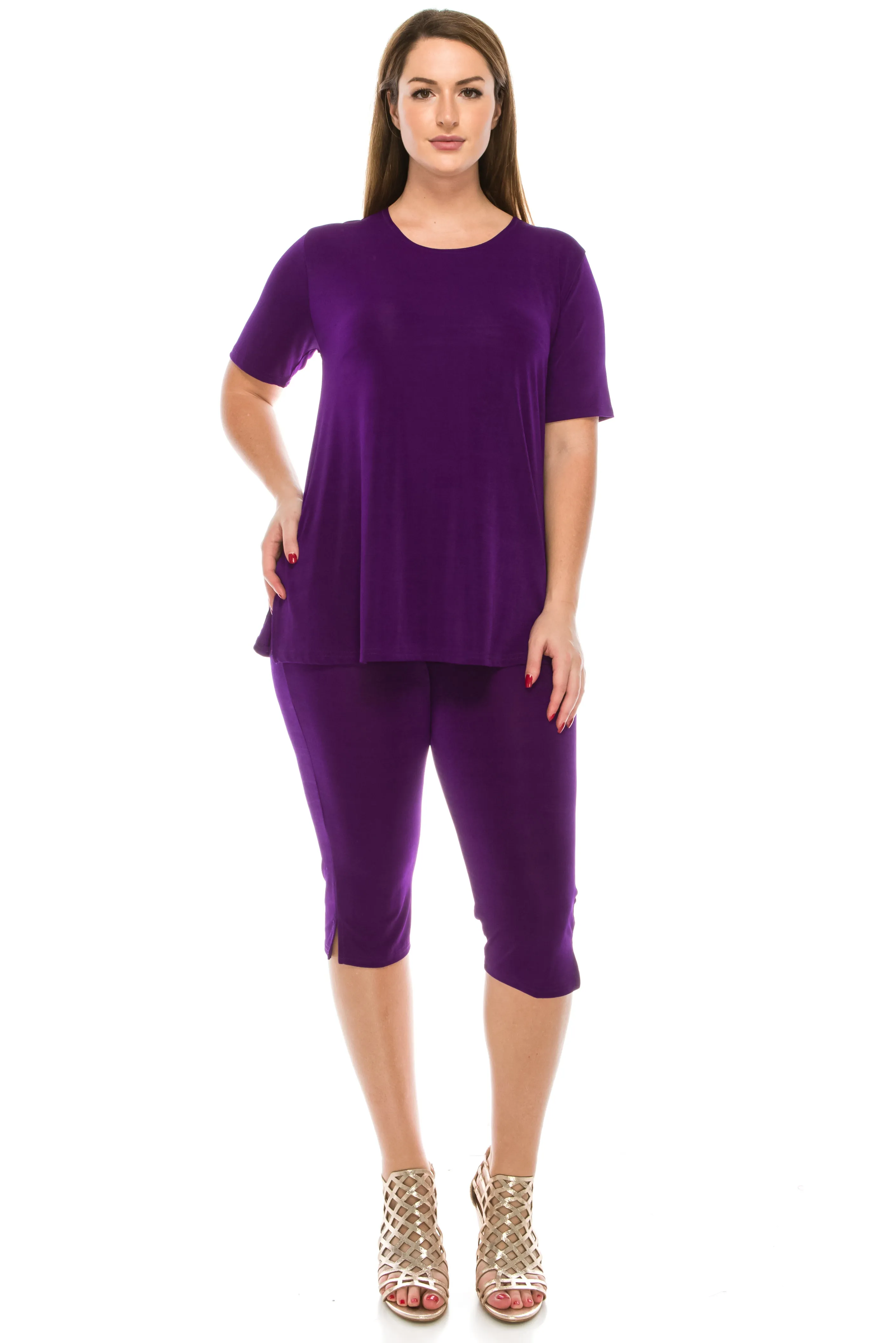 Women's Stretchy Capri Pant Set Short Sleeve-9003BN-SRS1