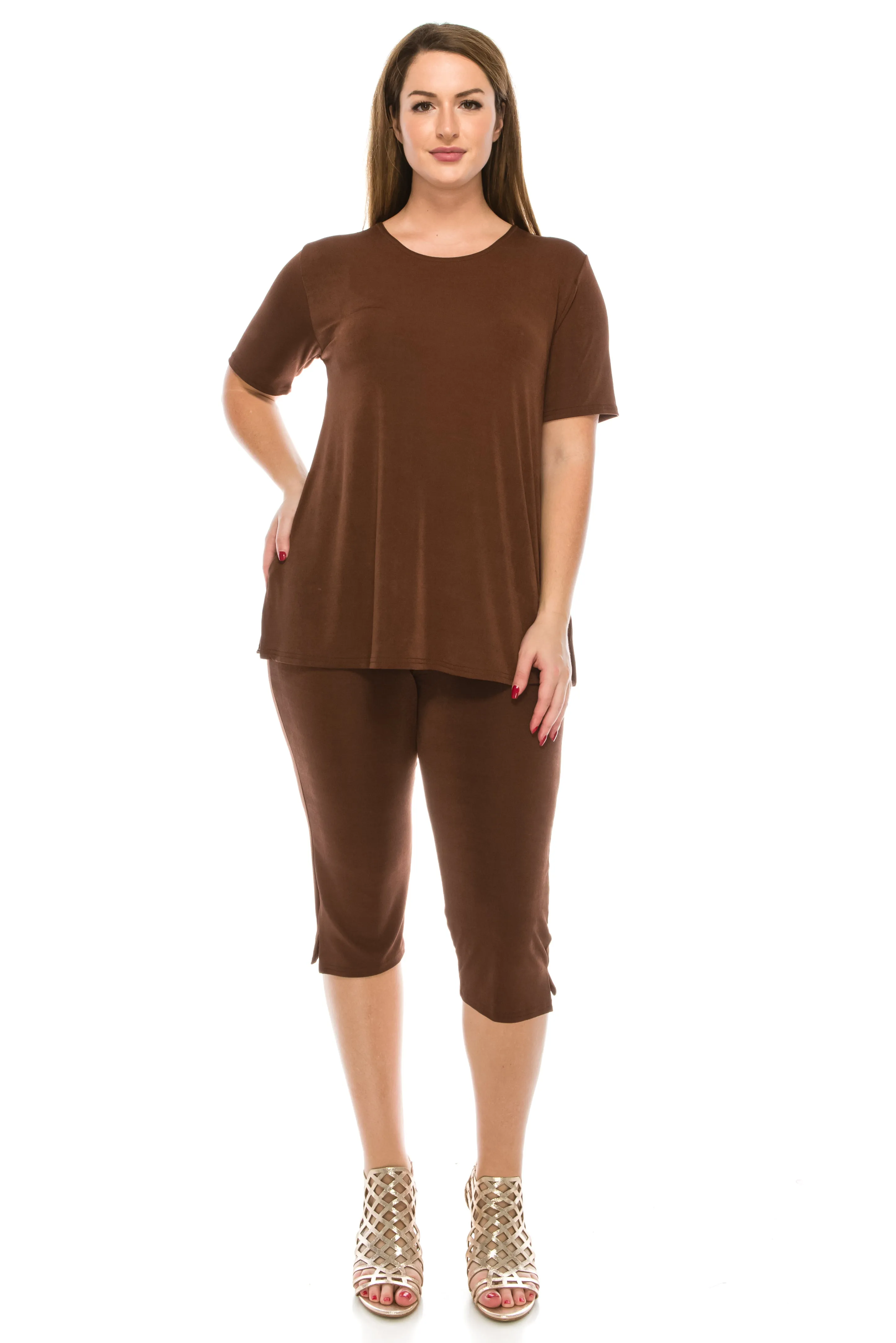 Women's Stretchy Capri Pant Set Short Sleeve-9003BN-SRS1
