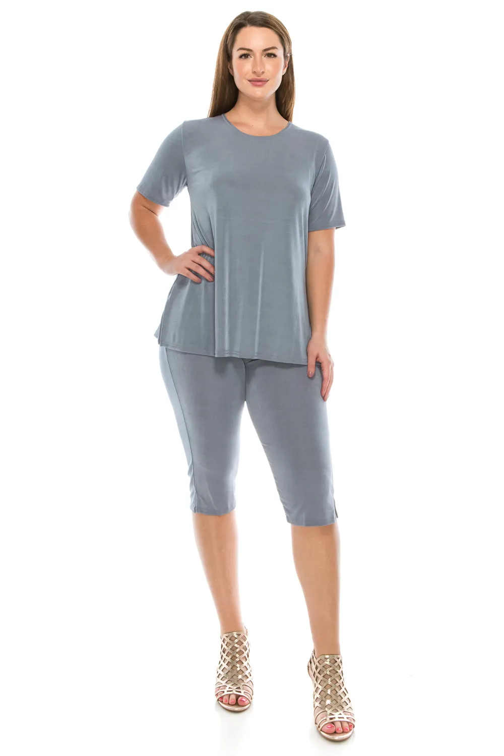 Women's Stretchy Capri Pant Set Short Sleeve-9003BN-SRS1